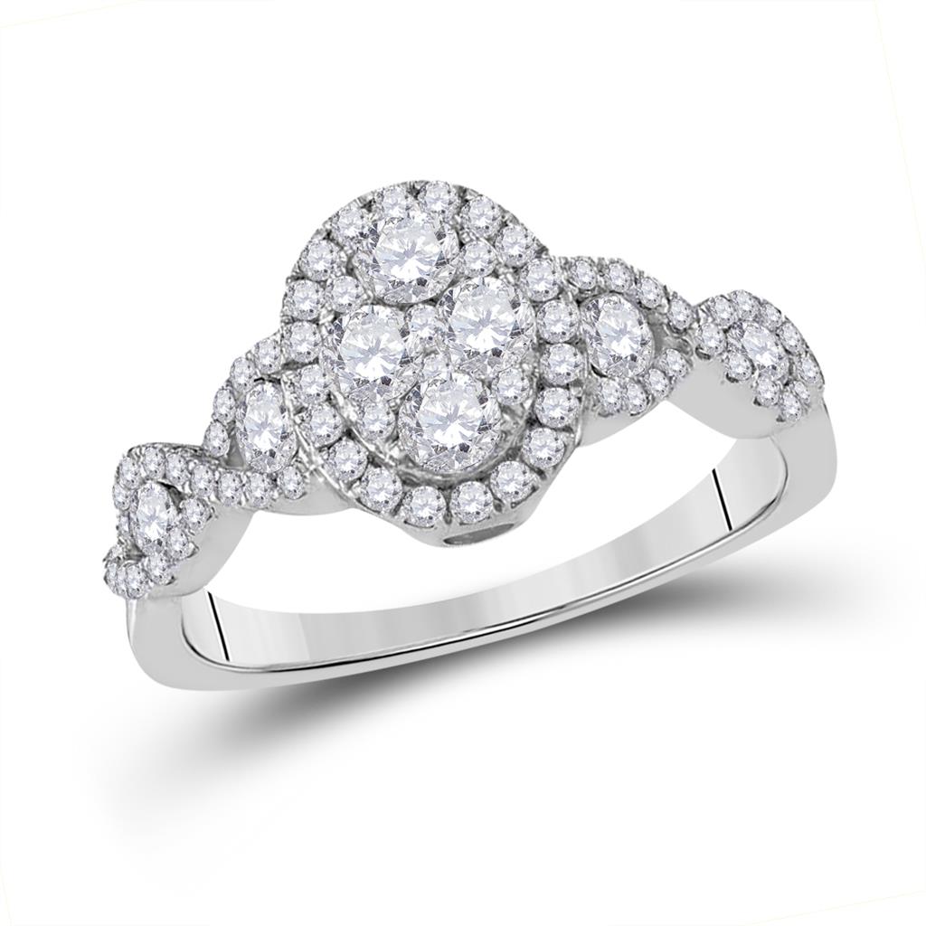14k White Gold Round Diamond Oval Cluster Twist Ring 1 Cttw