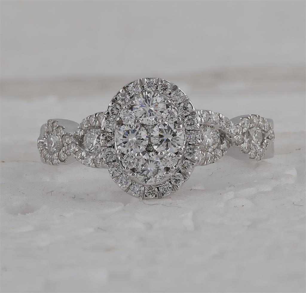 14k White Gold Round Diamond Oval Cluster Twist Ring 1 Cttw