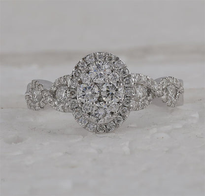 14k White Gold Round Diamond Oval Cluster Twist Ring 1 Cttw