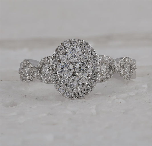14k White Gold Round Diamond Oval Cluster Twist Ring 1 Cttw