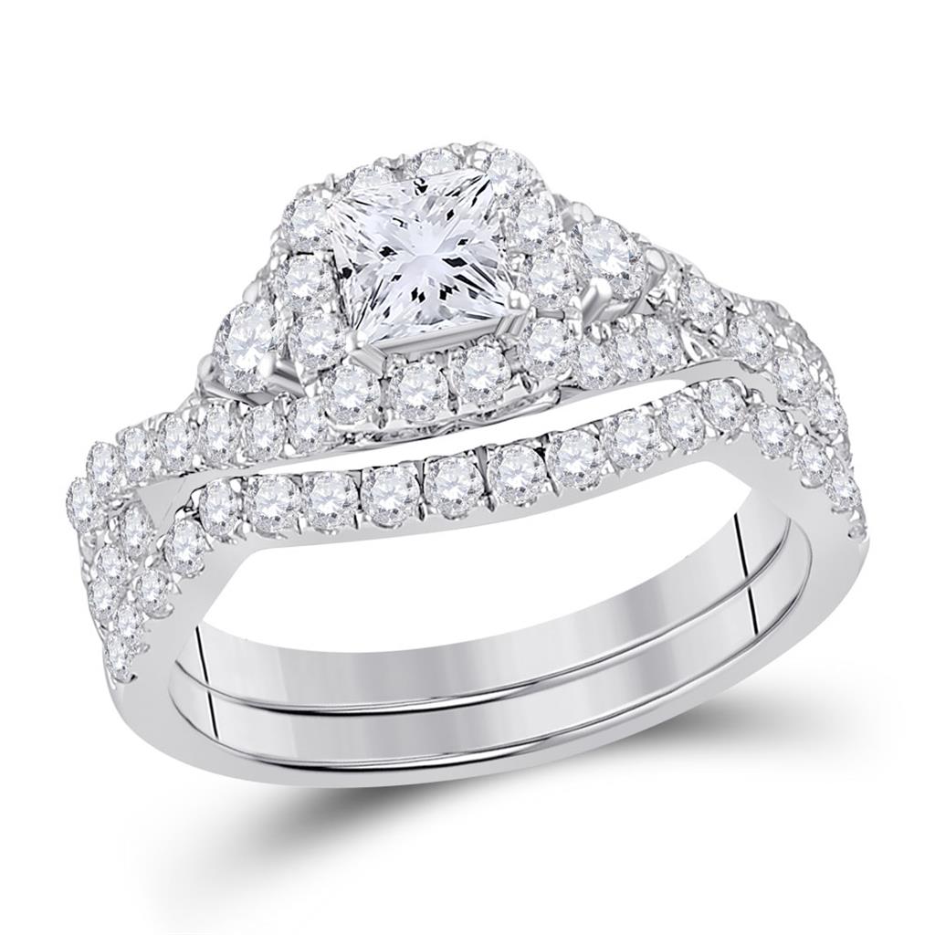 14k White Gold Princess Diamond Bridal Wedding Ring Set 1-1/2 Ctw (Certified)