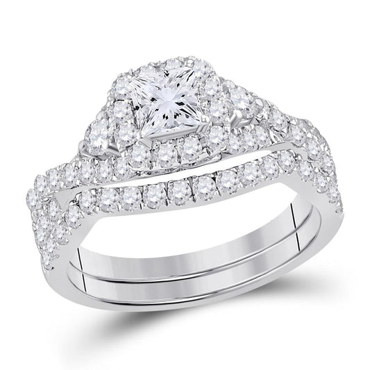 14k White Gold Princess Diamond Bridal Wedding Ring Set 1-1/2 Ctw (Certified)
