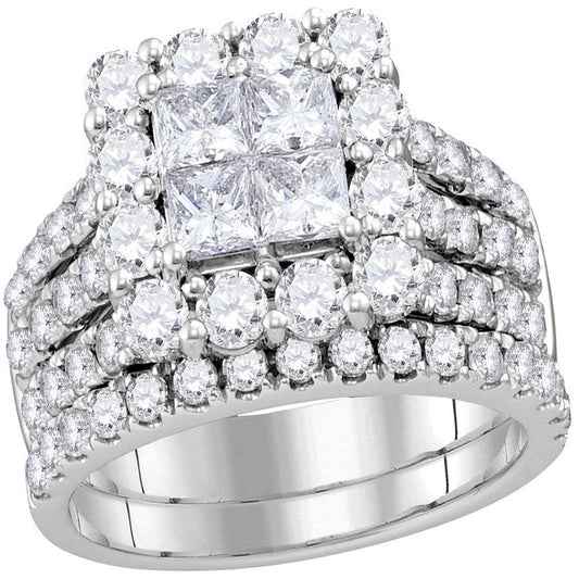 14k White Gold Princess Diamond Cluster Bridal Wedding Ring Set 3 Cttw