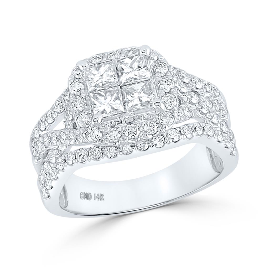 14k White Gold Princess Diamond Cluster Bridal Engagement Ring 2 Cttw