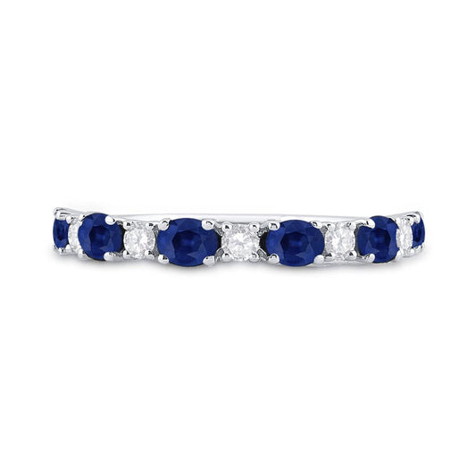 14k White Gold Oval Blue Sapphire Diamond Alternating Band Ring 1-1/2 Cttw