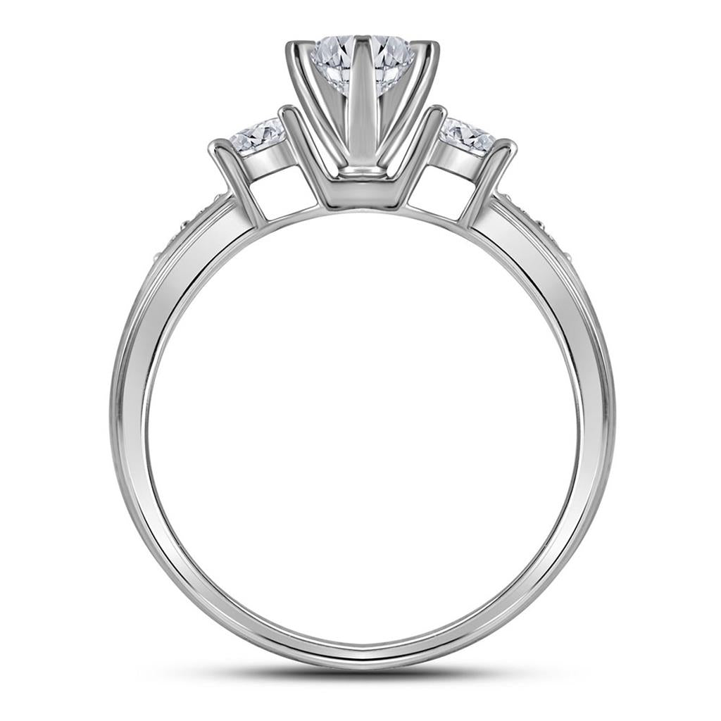 14k White Gold Round Diamond 3-Stone Bridal Wedding Ring Set 2 Cttw
