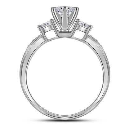 14k White Gold Round Diamond 3-Stone Bridal Wedding Ring Set 2 Cttw