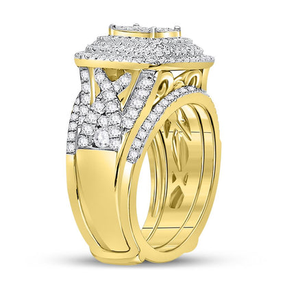 14k Yellow Gold Round Diamond Cluster Bridal Wedding Ring Set 1-1/2 Cttw