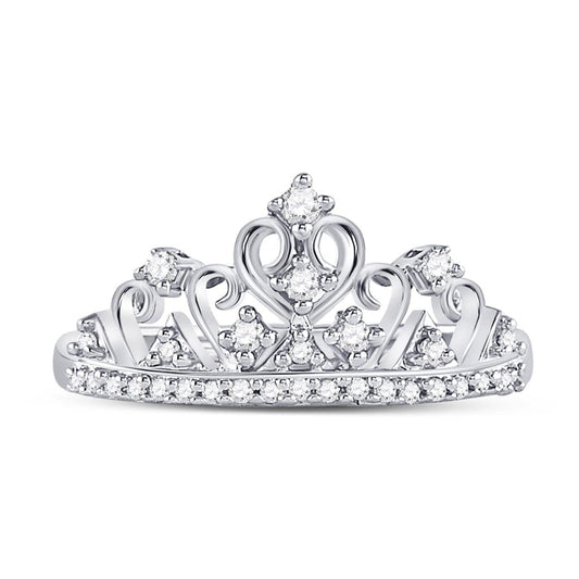 14k White Gold Round Diamond Crown Tiara Band Ring 1/5 Cttw