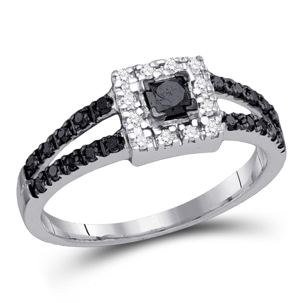 14k White Gold Princess Black Diamond Bridal Ring 5/8 Cttw