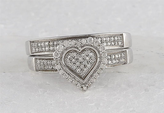 Sterling Silver Round Diamond Heart Bridal Wedding Ring Set 3/8 Cttw