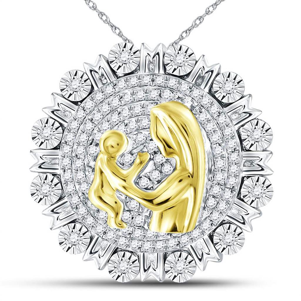 Sterling Silver Round Diamond Embrace Mom Mother Pendant 1/4 Cttw
