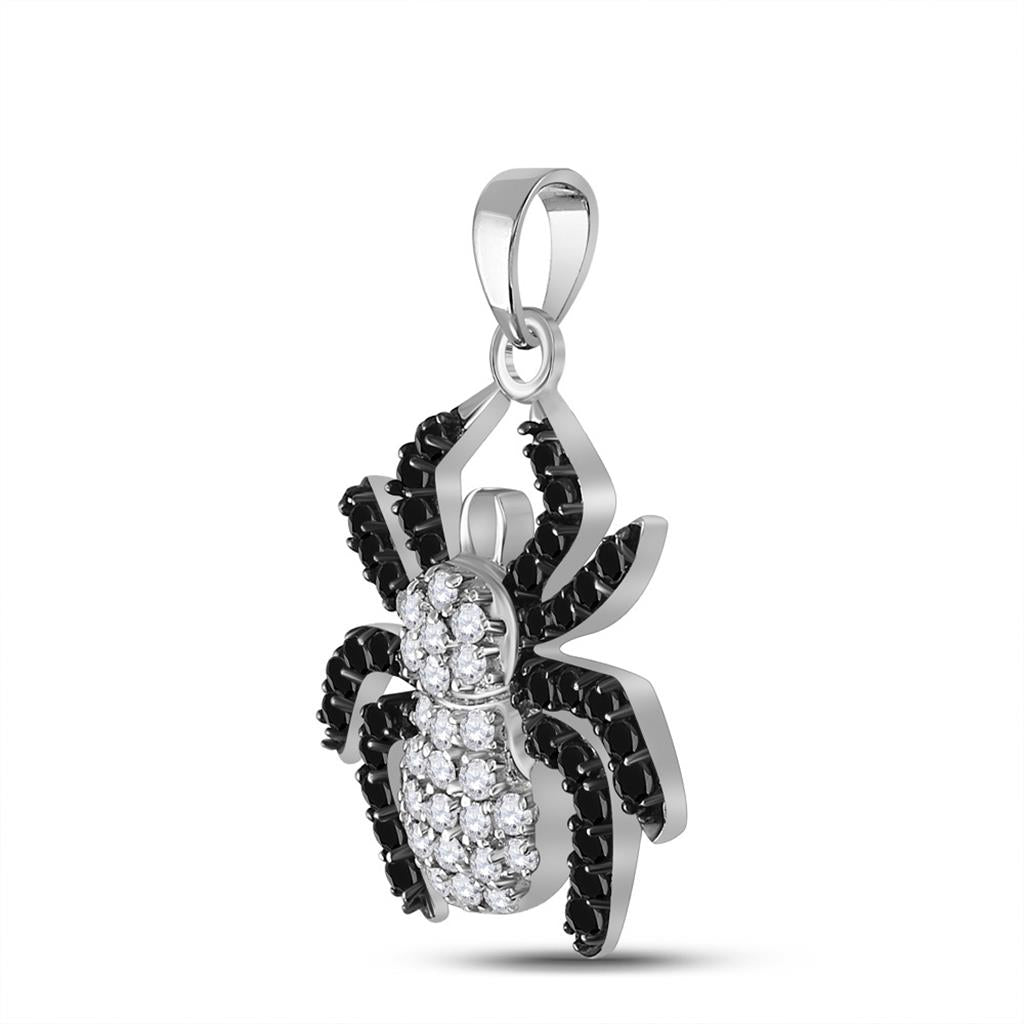 Sterling Silver Round Black Diamond Spider Pendant 3/4 Cttw