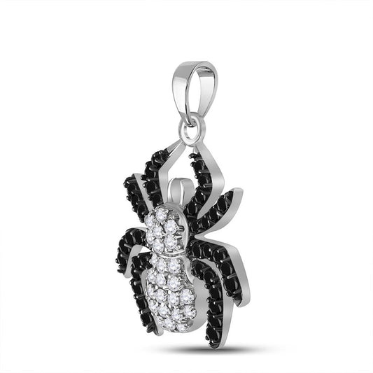 Sterling Silver Round Black Diamond Spider Pendant 3/4 Cttw