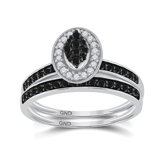 Sterling Silver Round Black Diamond Bridal Wedding Ring Set 1/2 Cttw