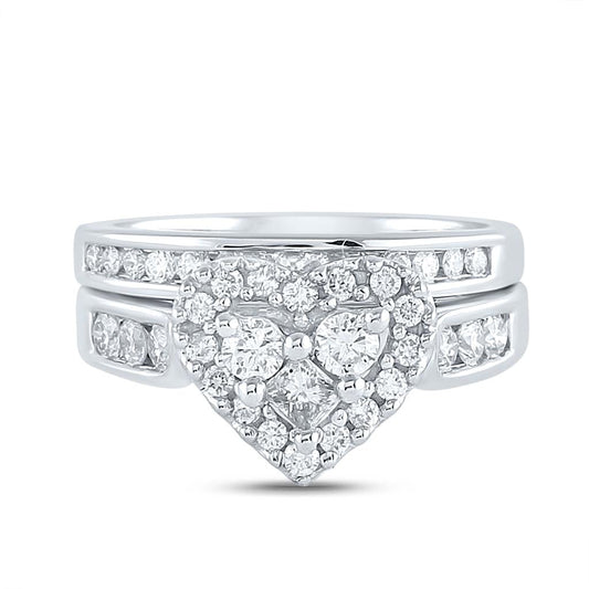14k White Gold Princess Diamond Heart Bridal Wedding Ring Set 1 Cttw
