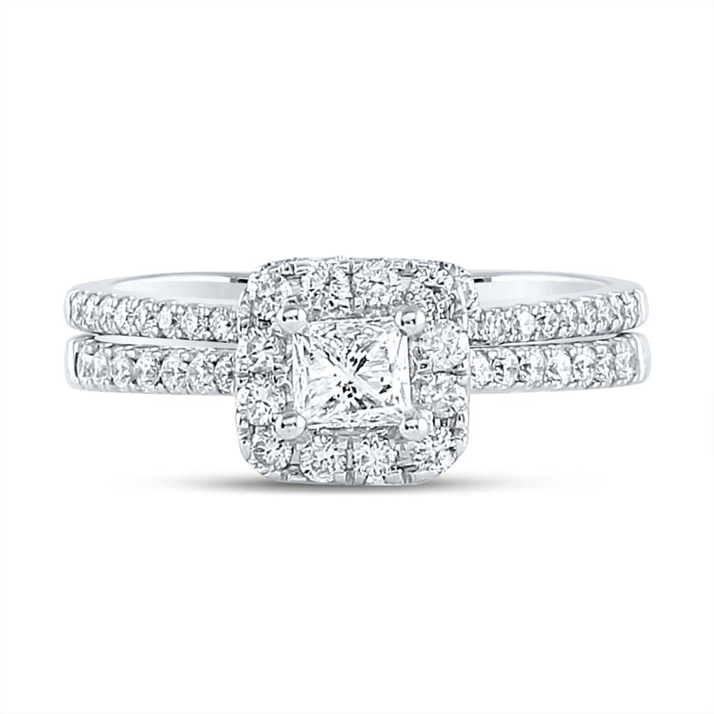 14k White Gold Princess Diamond Halo Bridal Wedding Ring Set 1 Cttw