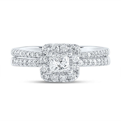 14k White Gold Princess Diamond Halo Bridal Wedding Ring Set 1 Cttw