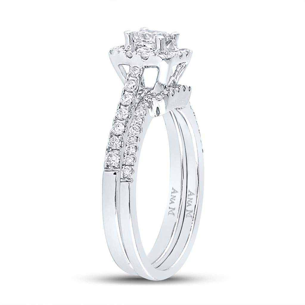 14k White Gold Princess Diamond Halo Bridal Wedding Ring Set 1 Cttw