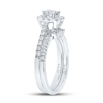 14k White Gold Princess Diamond Halo Bridal Wedding Ring Set 1 Cttw
