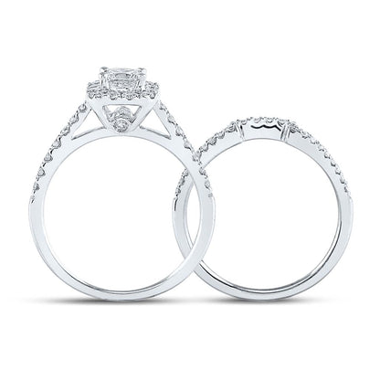 14k White Gold Princess Diamond Halo Bridal Wedding Ring Set 1 Cttw