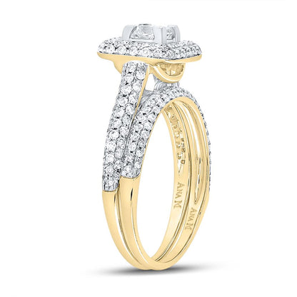14k Yellow Gold Princess Diamond Halo Bridal Wedding Ring Set 1-1/4 Cttw (Certified)