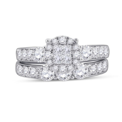 14k White Gold Princess Diamond Bridal Wedding Ring Set 1-1/2 Cttw