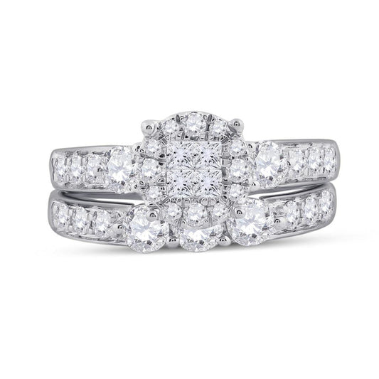 14k White Gold Princess Diamond Bridal Wedding Ring Set 1-1/2 Cttw