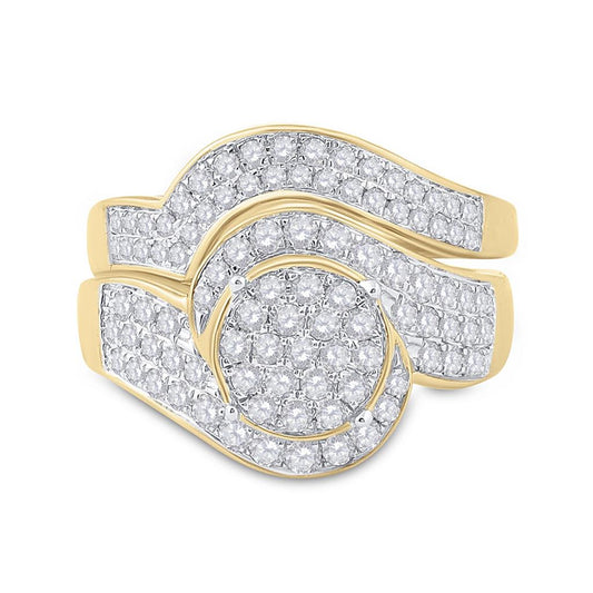 14k Yellow Gold Round Diamond Cluster Bridal Wedding Ring Set 1 Cttw
