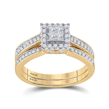 14k Yellow Gold Princess Diamond Halo Bridal Wedding Ring Set 1/2 Cttw