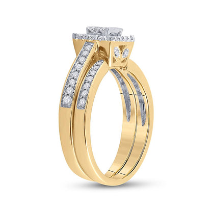 14k Yellow Gold Princess Diamond Halo Bridal Wedding Ring Set 1/2 Cttw