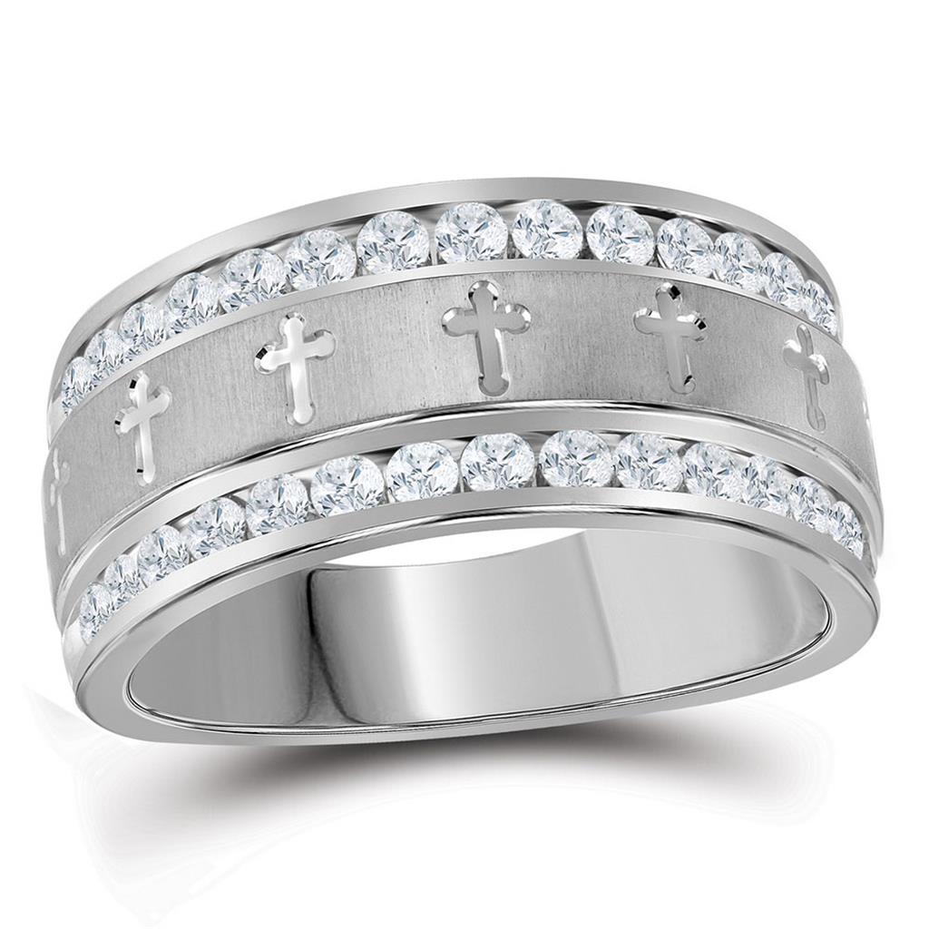 14k White Gold Round Diamond Grecco Cross Wedding Band 1 Cttw