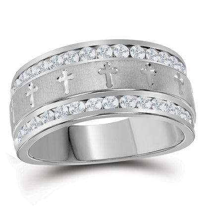 14k White Gold Round Diamond Grecco Cross Wedding Band 1 Cttw