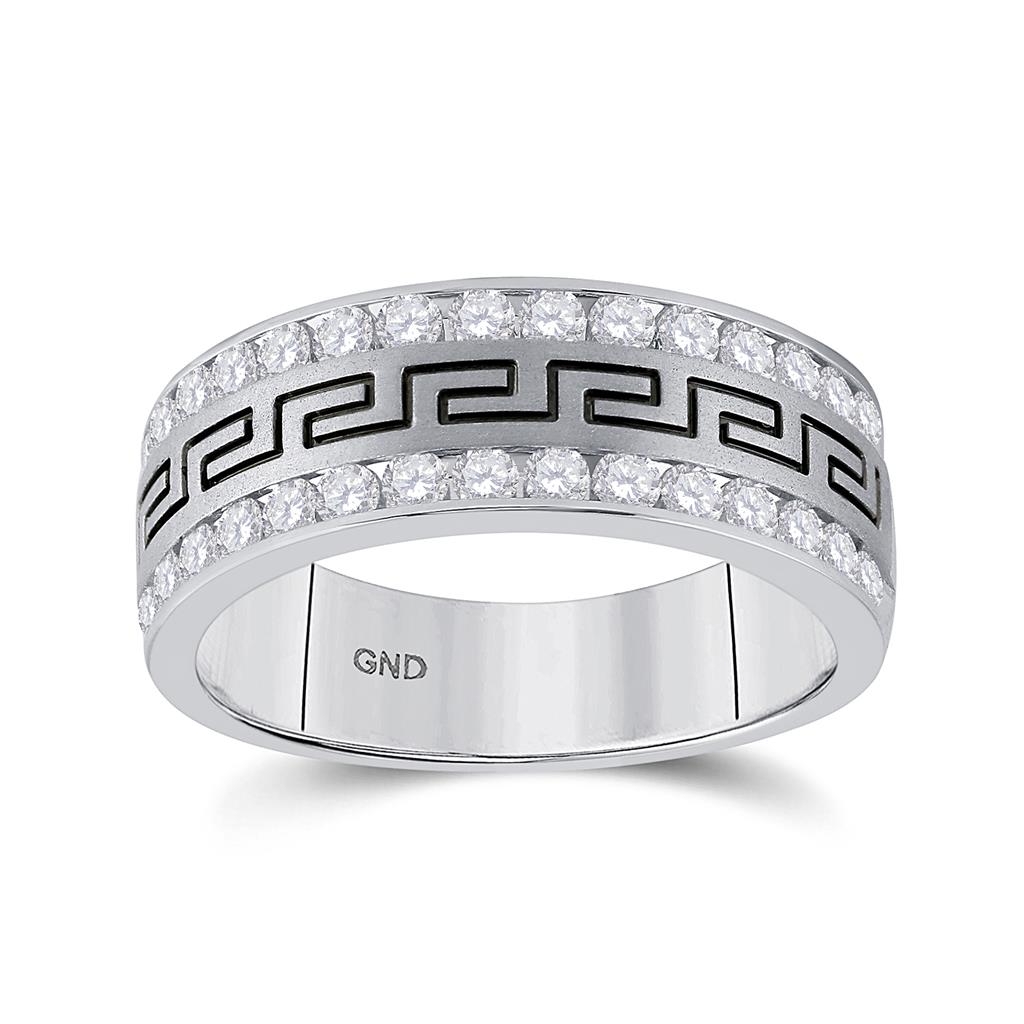 14k White Gold Round Diamond Double Row Grecco Greek Key Wedding Band 1 Cttw