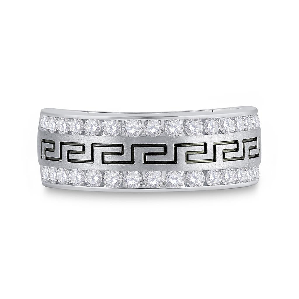14k White Gold Round Diamond Double Row Grecco Greek Key Wedding Band 1 Cttw