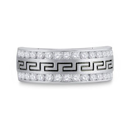 14k White Gold Round Diamond Double Row Grecco Greek Key Wedding Band 1 Cttw