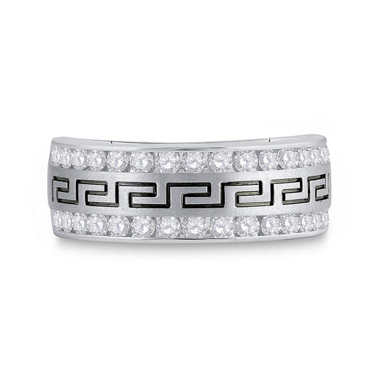 14k White Gold Round Diamond Double Row Grecco Greek Key Wedding Band 1 Cttw