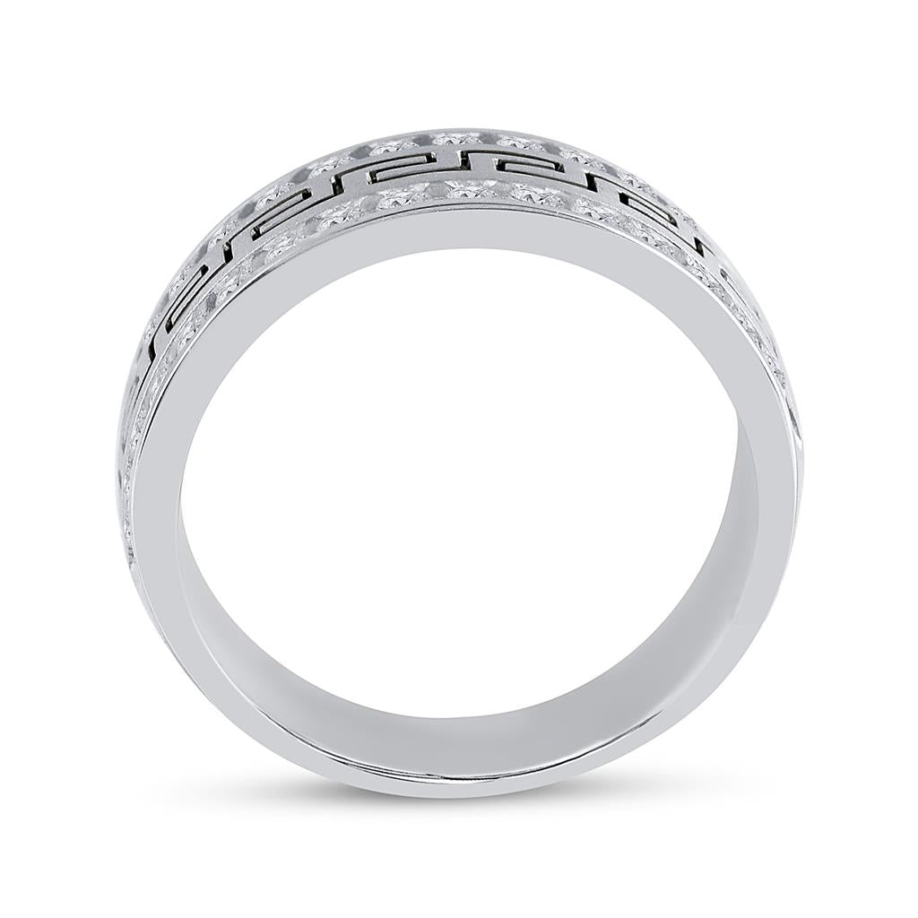 14k White Gold Round Diamond Double Row Grecco Greek Key Wedding Band 1 Cttw