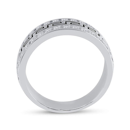 14k White Gold Round Diamond Double Row Grecco Greek Key Wedding Band 1 Cttw