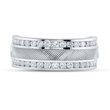 14k White Gold Round Diamond Double Row Textured Wedding Band Ring 1 Cttw