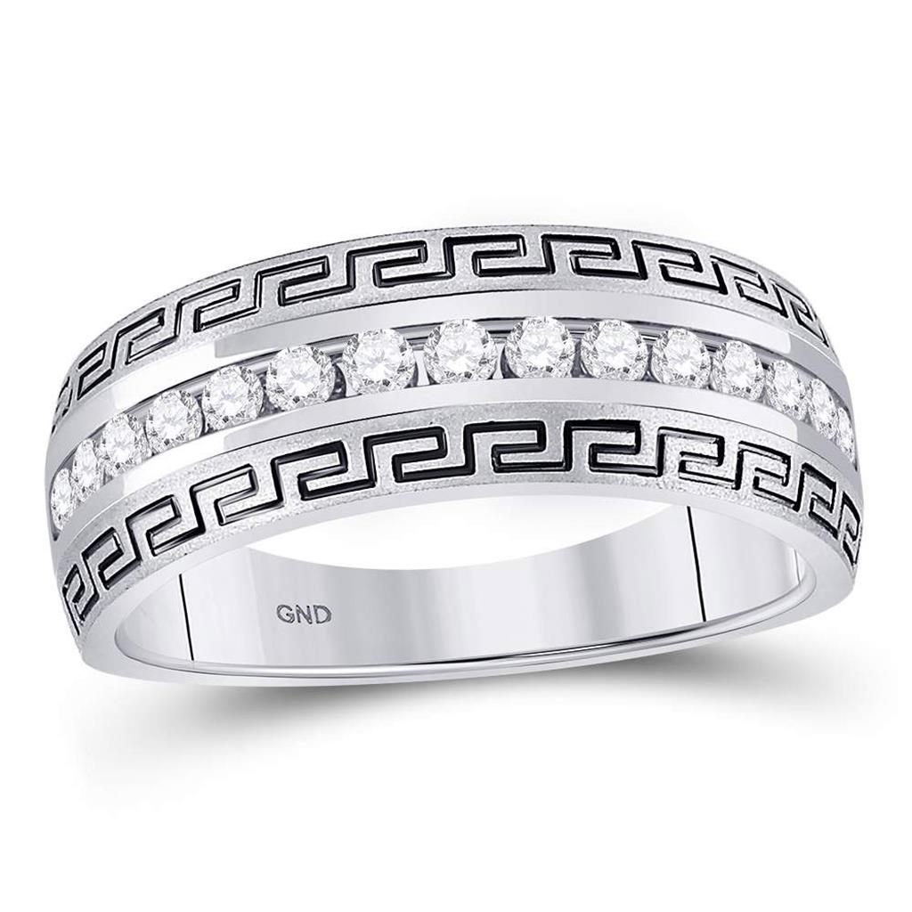 14k White Gold Round Diamond Greek Key Single Row Wedding Band Ring 1/2 Cttw