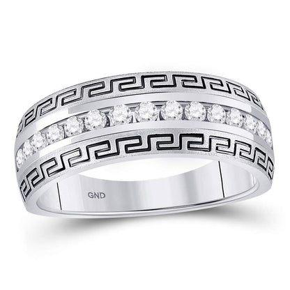 14k White Gold Round Diamond Greek Key Single Row Wedding Band Ring 1/2 Cttw
