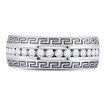 14k White Gold Round Diamond Greek Key Single Row Wedding Band Ring 1/2 Cttw