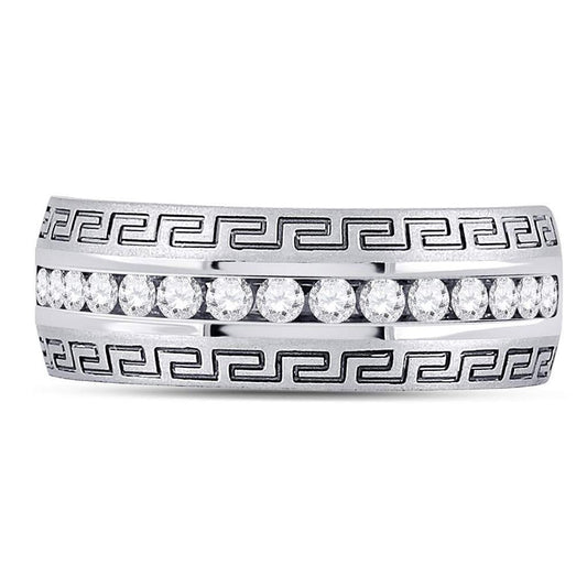 14k White Gold Round Diamond Greek Key Single Row Wedding Band Ring 1/2 Cttw
