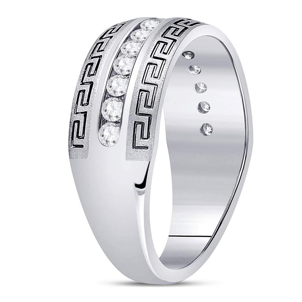 14k White Gold Round Diamond Greek Key Single Row Wedding Band Ring 1/2 Cttw