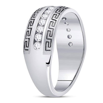 14k White Gold Round Diamond Greek Key Single Row Wedding Band Ring 1/2 Cttw