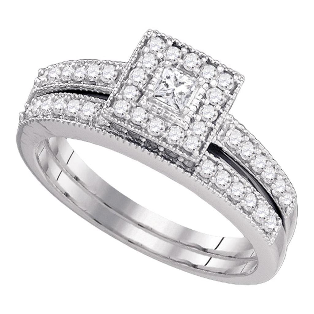 14k White Gold Princess Diamond Halo Bridal Wedding Ring Set 1/2 Cttw
