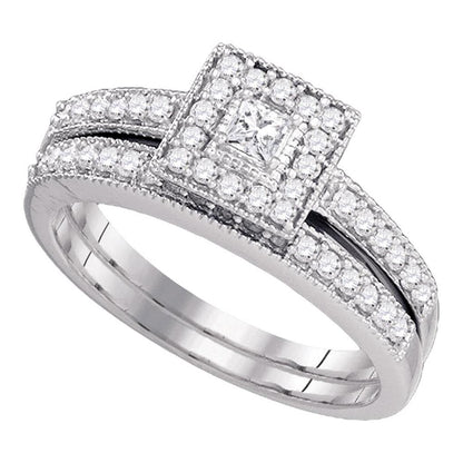 14k White Gold Princess Diamond Halo Bridal Wedding Ring Set 1/2 Cttw