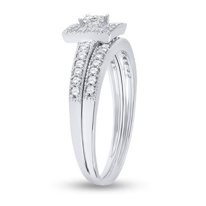14k White Gold Princess Diamond Halo Bridal Wedding Ring Set 1/2 Cttw