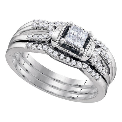 14k White Gold Princess Diamond 3-Piece Bridal Wedding Ring Set 1/4 Cttw